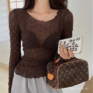 Phong Cách Mới Gạc Mỏng Phong Cách Micro-Permeable Phong Cách Phương Tây Áo Sơ Mi Ren Nữ Dài Tay Nấm Cạnh Đáy Áo Sơ Mi Nhỏ B1KP
