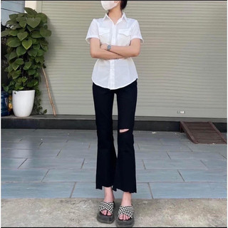 Quần jean ống loe lưng cao nữ rách gối 1 bên CHAT vải jean giấy co giãn tốt Q55