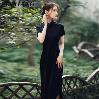 Pinxiang Nữ dài sườn xám đen khí chất váy hàng ngày retro váy chéo ve áo