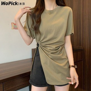 Áo thun nữ cổ tròn cỡ lớn có khe màu trơn