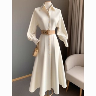 Phiên Bản Hàn Quốc Đầm Rộng Hẹp Phong Cách Đi Lại Thu Đông Ôm Hơn Áo Sơ Mi Thời Trang Trắng Cao Cấp Chữ A Khí Quyển Phong Cách Mới