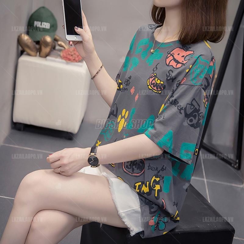 Áo thun nữ trung niên cotton form rộng tay ngắn cổ tròn in hình Bigsize Áo trung niên nữ sang trọng form rộng mùa hè ,quần áo trung niên cao cấp cho mẹ và bà