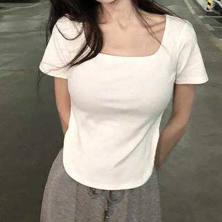 Áo thun ngắn tay không đều mùa hè nữ màu trơn Áo crop top Hàn Quốc
