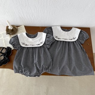 Áo liền quần trẻ sơ sinh Cổ búp bê ca rô thêu Váy bé gái Jumpsuit Áo liền quần cho bé M7VB