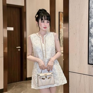 Váy babydoll xẻ cổ viền ngọc sát nách kèm quần đùi bảo hộ đầm xuông hoa nổi thiết kế tiểu thư HN Clothing V262
