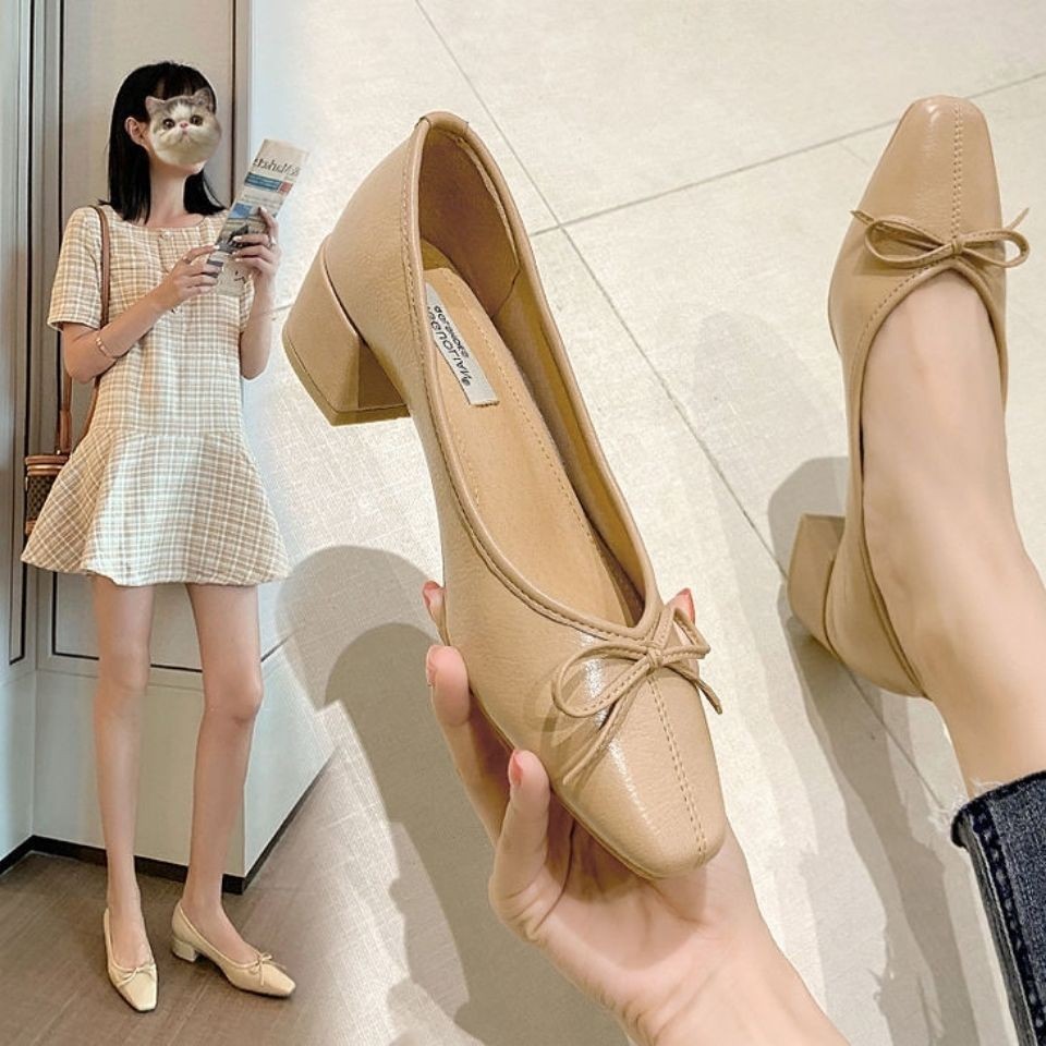 Giày Cao Gót 4cm Da Mềm Mũi Vuông Miệng Nông Thiết Kế Sành Điệu Cho Nữ