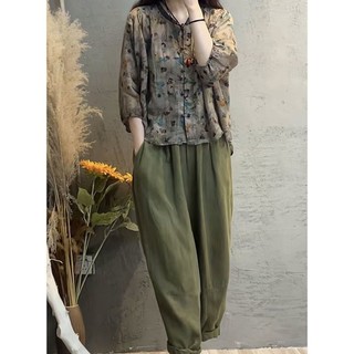 Thời Trang Mới Plus Size Cotton Phù Hợp Với Nữ In Hình Cardigan Top Rời Che Thịt Thông Thường Hậu Cung Quần Hai Mảnh Phù Hợp Với
