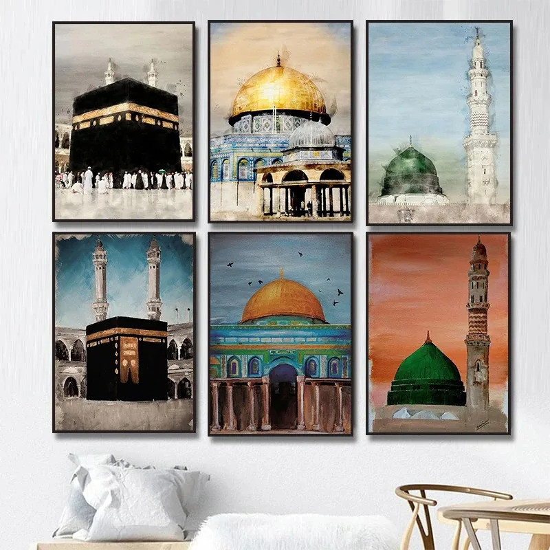 Hồi Giáo Al-Aqsa Nhà Thờ Hồi Giáo Kaaba Al Masjid An Nabwi Canvas Poster Màu Nước Tranh Trang Trí Hì