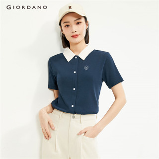 GIORDANO Nữ Áo Sơ Mi Polo Tương Phản Cổ Thêu Hoa Áo Sơ Mi Polo Tay Ngắn Thời Trang Áo Sơ Mi Polo 13314216