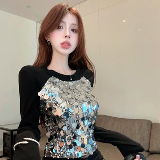 Áo thun tay dài đính kim sa phong cách mới mùa thu 2024 cho nữ