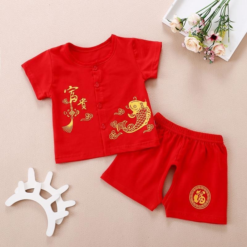 Shopkeeper Selected# Baby Short-Sleeved Summer Suit Baby First Month Old 100 Days Old Red Festive Clothes Children's T-shirt Children's 0-2 Years Old New 1.23n