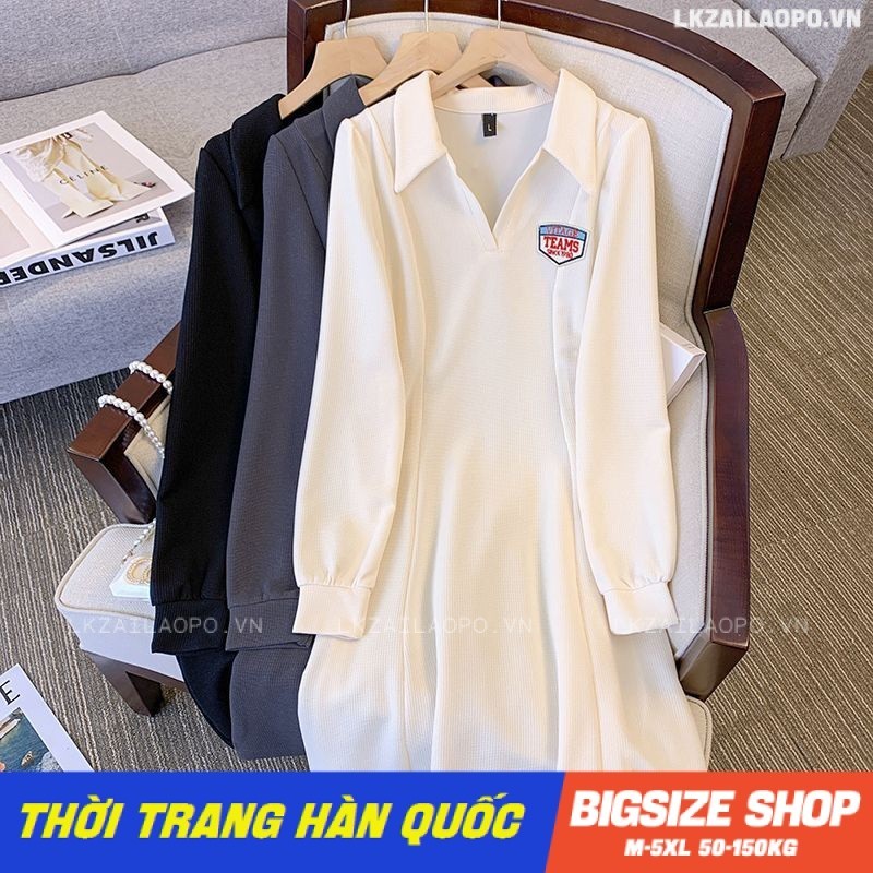 Váy đầm nữ Bigsize Đầm polo dáng suông tay dài có cổ Họa tiết thêu trắng mùa xuân Phong cách Hàn Quốc Thời Trang đẹp