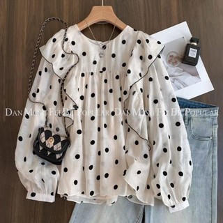 Phong cách Hàn Quốc nữ dáng rộng chấm bi xù xì áo sơ mi dài tay áo sơ mi áo sơ mi dài tay áo sơ mi nữ NHMP