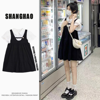 Preppy Phong Cách Giả Hai Mảnh Dây Đeo Đầm Mùa Hè Búp Bê Cổ Ngọt Ngào Dễ Thương Áo Sơ Mi Giảm Tuổi Nhỏ Suspender Váy