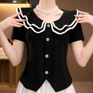 Đen Chuyên Nghiệp Mặc Áo Sơ Mi Nữ Slim-fit Ôm Hơn Nhìn Hơi Mỡ Bao Da Thịt Thời Trang Nhẹ Sang Trọng Nữ Phong Cách Búp Bê Cổ Top XAJX