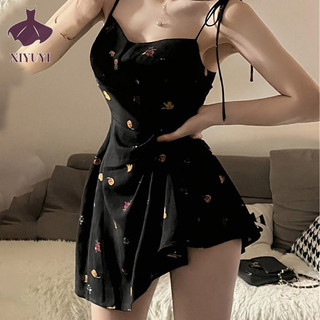 Xiyuyi Đầm Nữ Nơ In Hình Hông Mùa Hè Gợi Cảm Quai Váy Chữ A Váy Ngắn Váy Đi Biển
