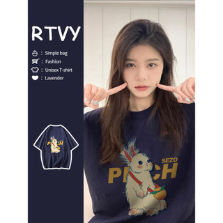 「RTVY」Áo thun ngắn tay in hình thỏ cho nữ Oversize mùa hè Cotton nguyên chất