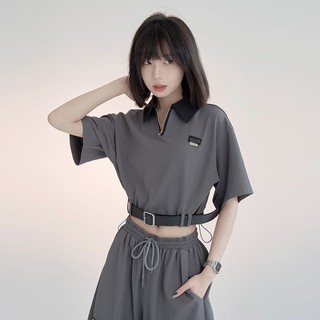 Thắt lưng eo hẹp cổ POLO Áo thun ngắn nữ mùa hè Thiết kế dáng rộng Dây kéo nửa mở cổ áo