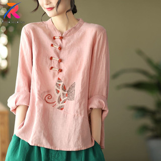 Ruidiandian M-3XL 80kg Áo Sơ Mi Phong Cách Trung Hoa Plus Size 3XL Quần Áo Truyền Thống Cho Nữ Vải Lanh Thêu Áo Nữ Retro Rời Hanfu Áo Cotton Và Vải Lanh