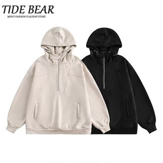 TIDE BEAR Nhật Bản retro màu trơn tối giản nửa dây kéo da lộn áo nỉ nam thương hiệu thời trang dáng rộng giản dị cặp đôi có mũ trùm đầu