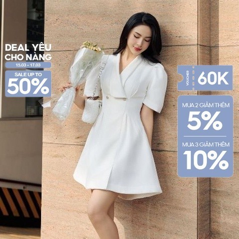 UPTO50% + VC60K || JOVEN Đầm Ngắn Hailey Cổ Vest Tay Phồng Chiết Eo Thanh Lịch