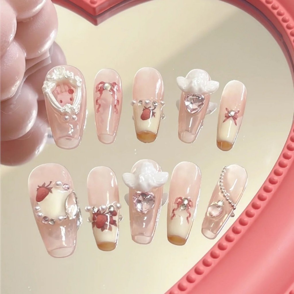 Nguyên Chất Handmade Đeo Móng Tay Phongách Mới Handmade Bunny Nails Angel Heart Patch