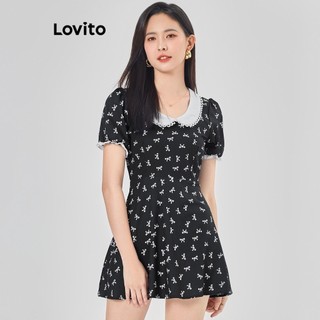 Đầm Lovito cổ xếp nếp họa tiết hoa nhí boho cho nữ L68ED318 (Màu đen)