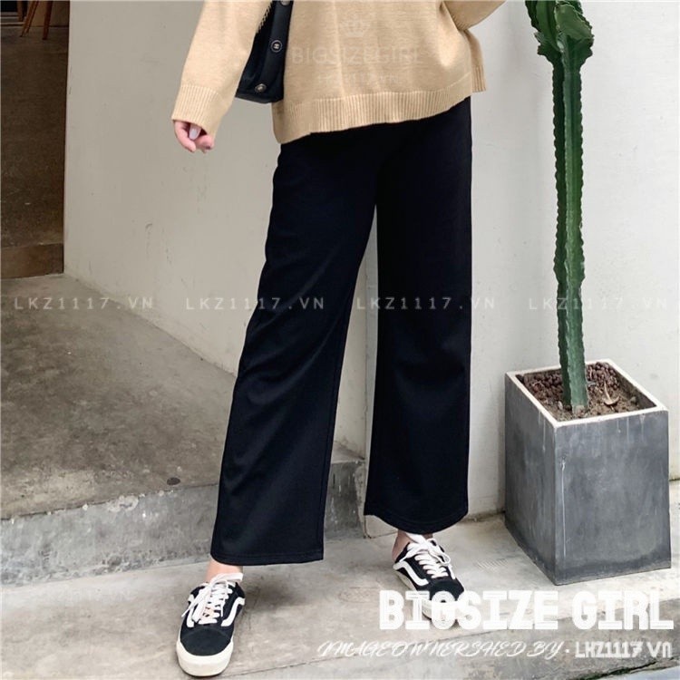 quần ống rộng Bigsize quần lửng 9 tấc nữ lưng cao cạp cao đen mùa thu Phong cách Hàn Quốc Thời Trang cá tính xinh đẹp cho người mập béo nữ