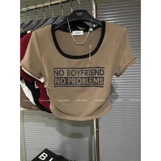 Yuewen Màu-Blocking Cổ Vuông Xếp Ly Slim-Fit Ngắn Top Nữ Phong Cách Mùa Hè In Chữ Tay Ngắn T-