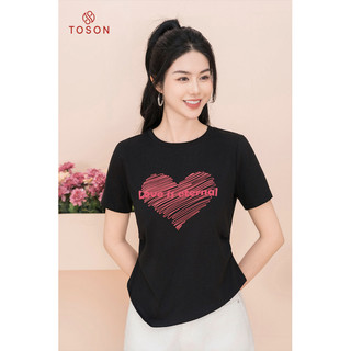 Áo phông đen xếp nhún eo, in hình trái tim TOSON AP221B24