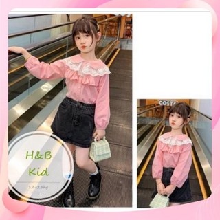 Set áo cổ ren cv jean đen dài tay cho bé gái