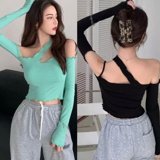 Áo thun tay dài thiết kế kiểu lệch vai màu trơn thời trang quyến rũ