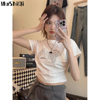 Áo thun ngắn tay xếp ly in chữ ba chiều MUSHIQI dành cho nữ