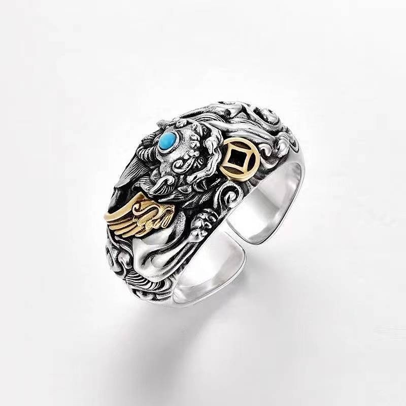 【Ready Stock】 Retro Copper Coin Pixiu Ring Men's Fashion Personality Open Ring Imitation Thai Silver