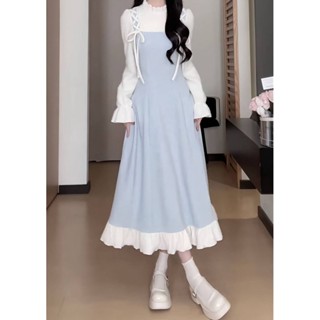 Váy dài Váy tiểu thư Đầm body dáng dài Đầm dài tay giả hai mảnh màu sắc thanh lịch cho phụ nữ mùa thu đông
