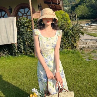 Phong Cách Đồng quê Pháp Cổ Chữ U Tính Khí Thắt Lưng Giảm Béo In Cổ Tích Phong Cách Kỳ Nghỉ Đầm