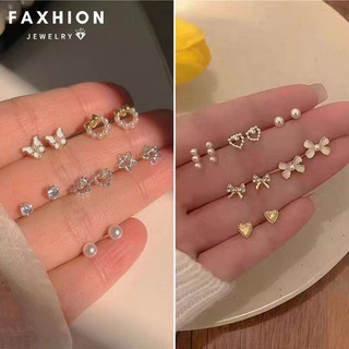 Faxhion Bướm Ngọt Ngào Trái Tim Nơ Bông Tai Ngọc Trai Pha Lê Hoa Bông Tai Nữ Trang Sức Phụ Kiện