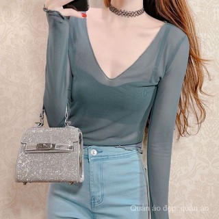 Phong Cách Mới Cổ Chữ V Nhìn Xuyên Qua Lưới Áo Sơ Mi Nữ Mùa Hè Thu Dài Tay Mỏng Phong Cách Bên Trong Rỗng Ren Tím Trên Nấm Gạc Quần Áo WSUZ