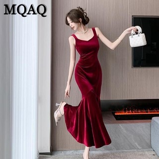 Mqaq Hepburn phong cách Pháp nhung vàng treo váy dành cho nữ mùa thu đông rượu vang đỏ xã hội khí chất đuôi cá quấn mông váy dạ hội
