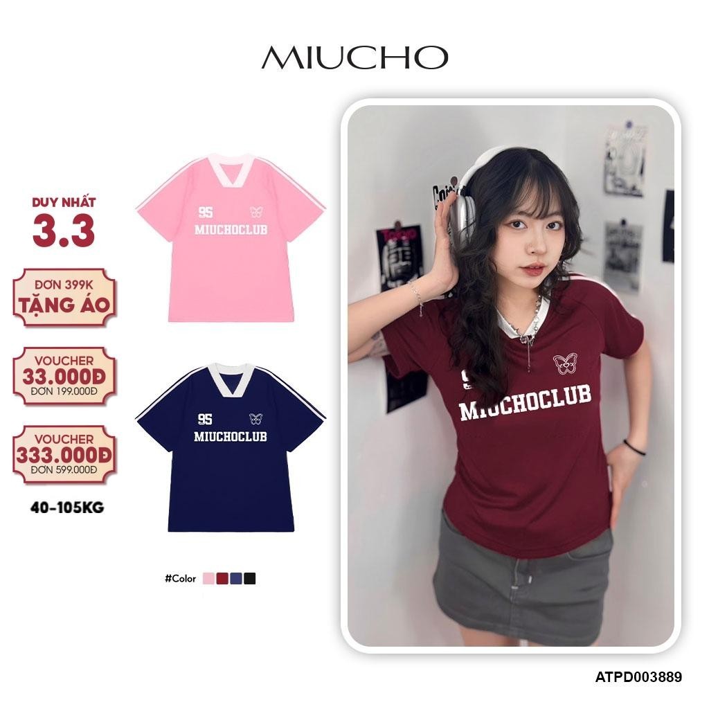 Áo baby tee Jersey phối cổ form ôm xinh xắn 889 Miucho tay ngắn vải Cotton cổ tim hotrend in artwork