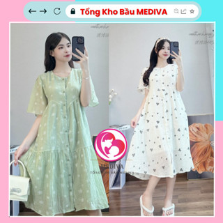 Đầm bầu babydoll hoa nhí xinh xắn thiết kế 2 lớp có nút cài chất lụa cao