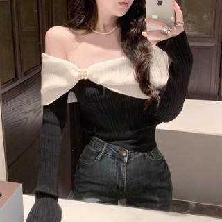Áo Coquette Áo Tay Bồng Trễ Vai ôm Body Nơ Một Vai Nữ Thu Đông Tính Khí Pháp Off-the