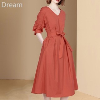 Korean StyleVCollar Half Sleeve Waist-Controlled Lace-up Dress French Fashion High Waist Dress for Women