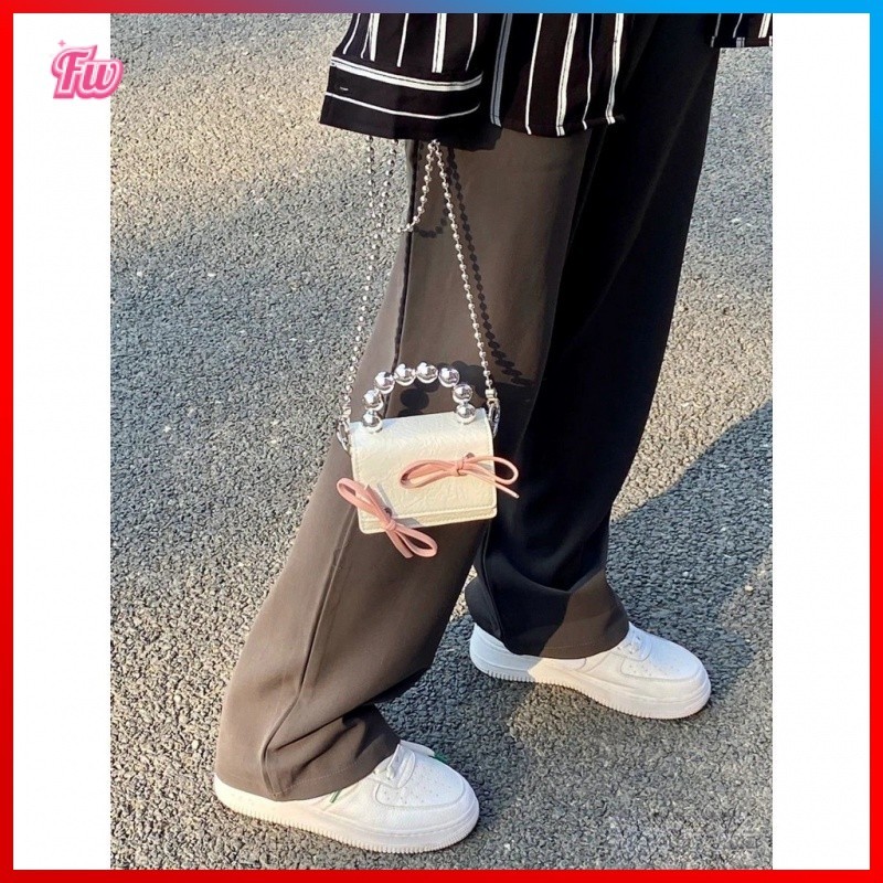 Túi Đựng Tai Nghe Dây Xích Mini Đính Nơ Màu Đen / Hồng Xinh Xắn