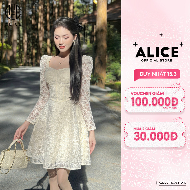 Váy Ren Tiểu Thư ALICE Thiết Kế Cổ Vuông Dáng Xoè Có Mút Ngực Phong Cách Trẻ Trung Thanh Lịch V972