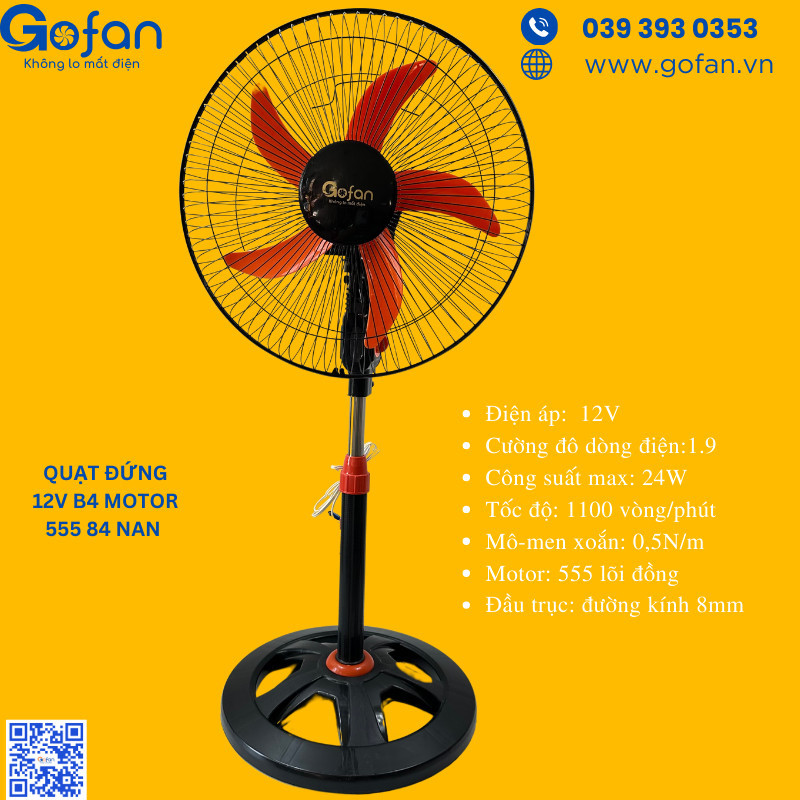 Quạt 12v-quạt đứng 12v B4 kẹp bình ắc quy- công suất 24W- GOFAN-motor 555-sải cánh 40cm-lồng 45cm-ca