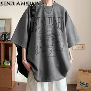 Sinransinya Áo thun nam mới kiểu Mỹ retro đường phố haute couture da lộn họa tiết nhân vật in chữ mỏng dáng rộng oversize cặp đôi thời trang nửa tay áo