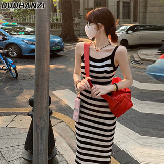 Duohanzi Đầm Nữ Mùa Hè Phong Cách Hàn Quốc Không Tay Cổ Tròn Ôm Bên Khe Sọc Tank Top