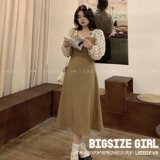 Đầm dáng dài Bigsize Váy nữ tay dài cổ vuông che bụng mỡ ôm eo mùa hè Phong cách Hàn Quốc Thời Trang tiểu thư cá tính xinh đẹp cho người mập béo