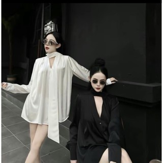  H08 ÁO VÁY SƠMI LỤA Cổ V 2 Vạt Form Rộng Dài Hàng Thiết Kế Dành Cho Nữ Bigsize Chuppy 50-110kg 